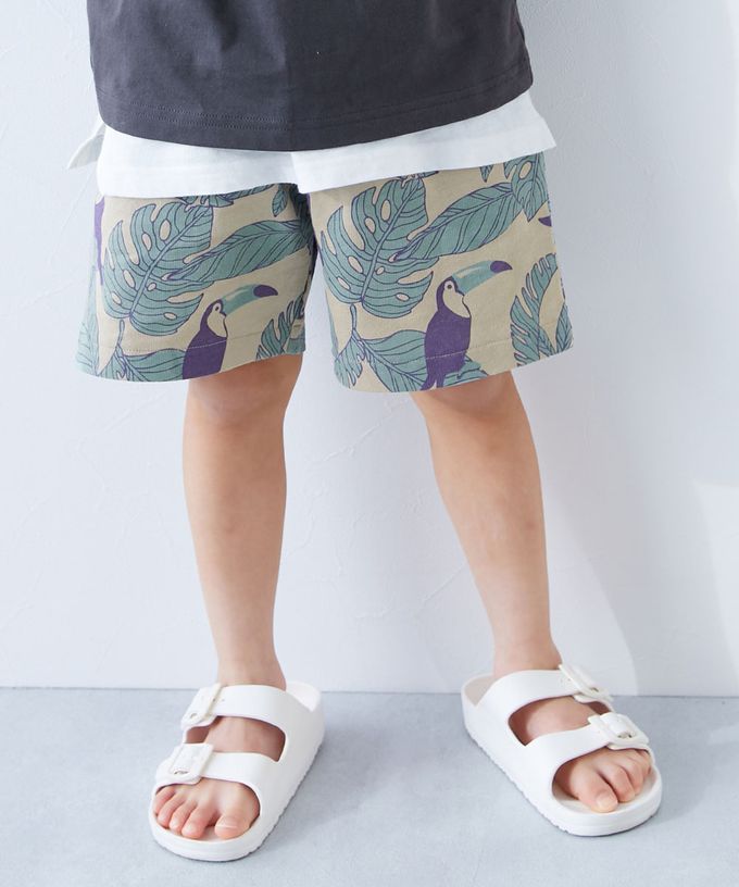 日本 devirock - 夏日印花純棉寬版短褲-植物與鳥-淺米棕