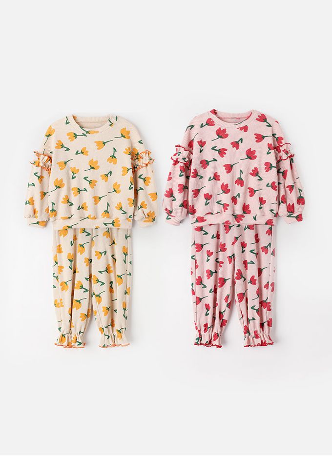 韓國 OZKIZ - 鬱金香鬆餅格紋長袖縮口套裝-紅花