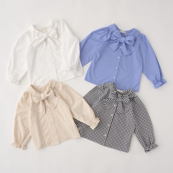 日本 Lycee mine - 大蝴蝶結優雅糖果袖襯衫-格子-卡其