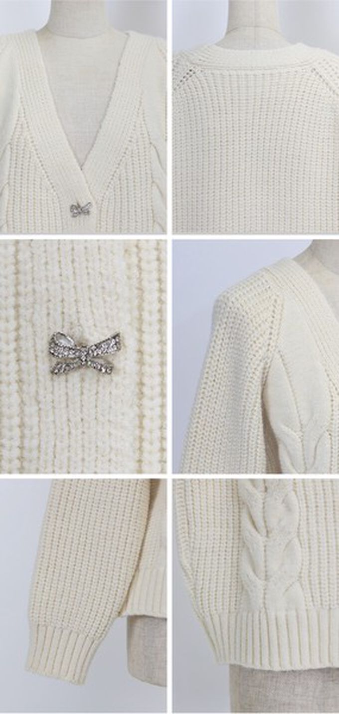 日本 BLUE EAST - 蝴蝶結寶石V領麻花粗編開襟衫-白 (M)