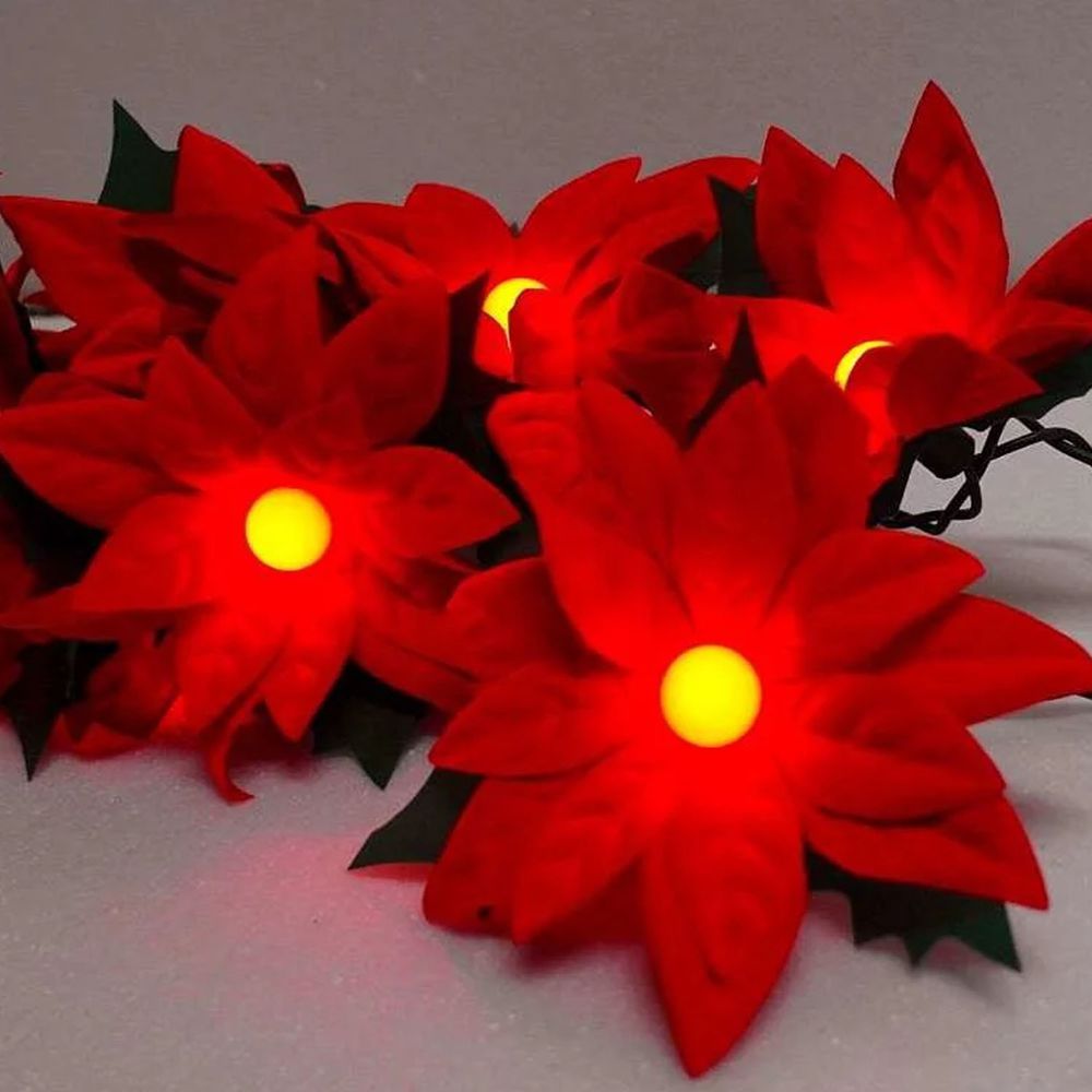 LED聖誕紅花珍珠燈串10燈(插電式)-暖白光-單花尺寸: 11-12cm，花與花間距 : 24cm，第一朵花到插座線長 150cm