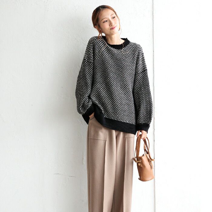 日本 ihuu - 格子編織落肩氣球袖毛衣-磚紅x杏