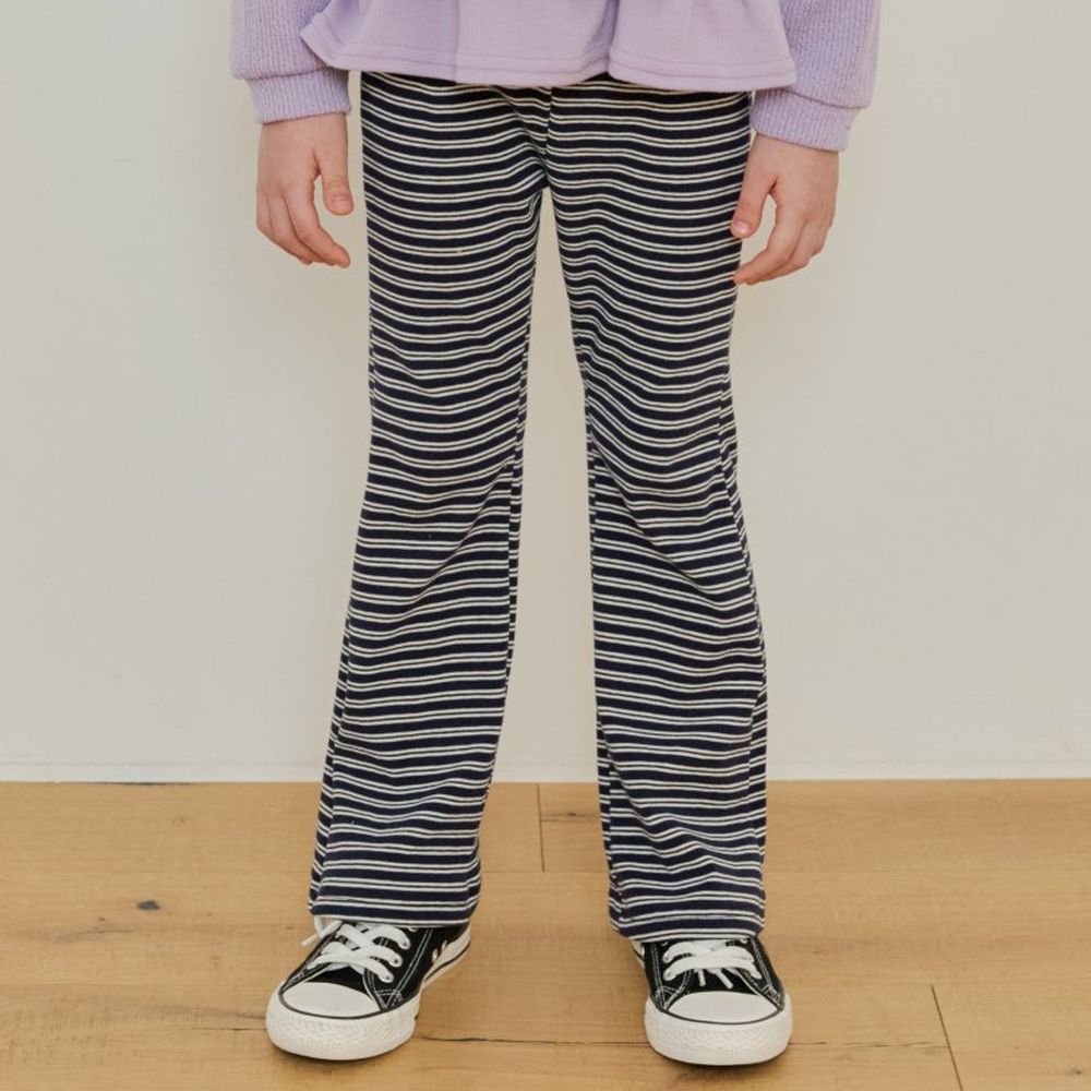 ERINJ 鬆緊腰百搭橫紋小喇叭褲-黑藍