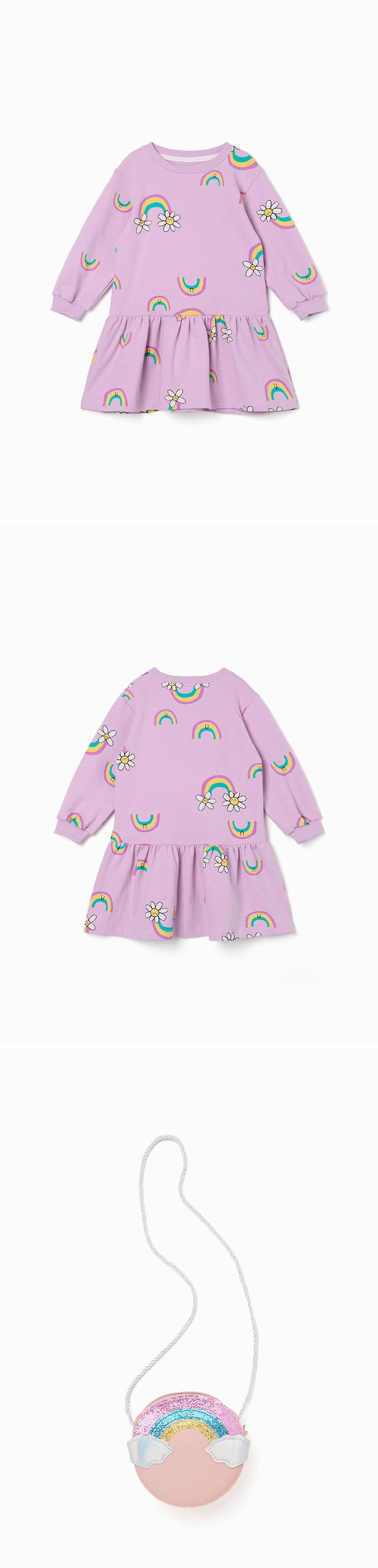 韓國 OZKIZ - (附包包)雛菊彩虹印長袖連身洋裝-紫