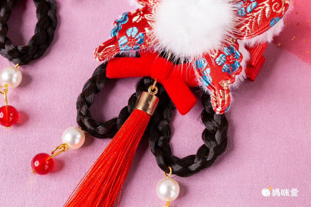 兔年喜氣洋洋拜年兒童髮飾-蝴蝶結+小金兔-紅色