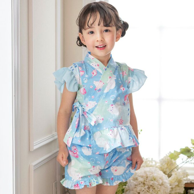 日本 Catherine Cottage - 甜美澎澎荷葉純棉二件式甚平-小花與貓-藍白