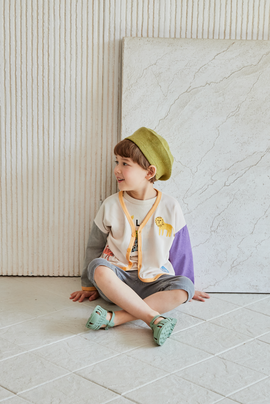 韓國 Mimico - 叢林動物拼接色針織外套-灰X紫