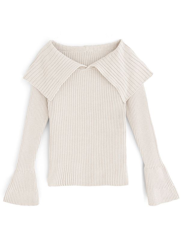 日本 GRL - 大翻領羅紋彈性薄針織上衣-奶茶 (F)