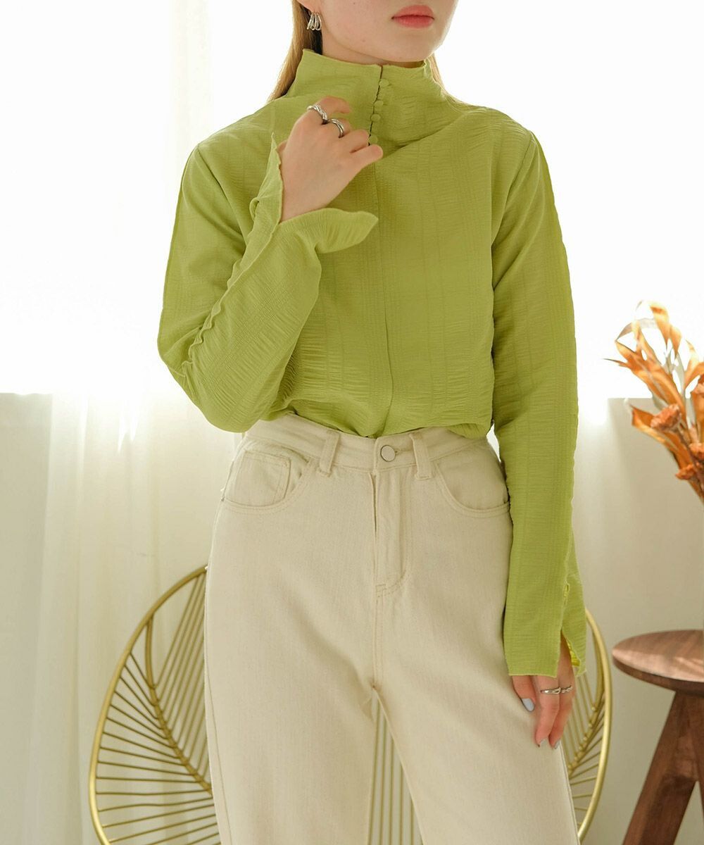 日本 Bab - 質感皺縮木耳領長袖上衣-酪梨綠