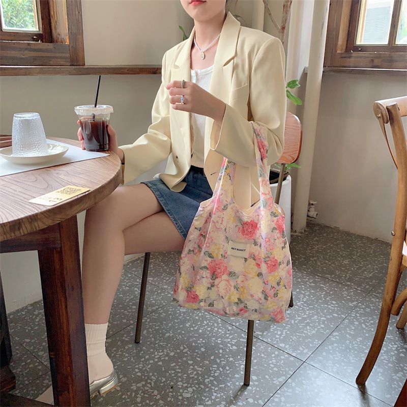 碎花休閒布袋/單肩包-牡丹花-粉色 (41x31+24cm)