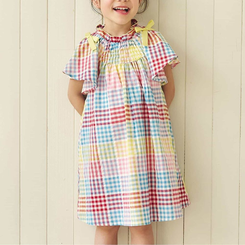 夏日蝴蝶結澎澎短袖洋裝-小格子-彩色