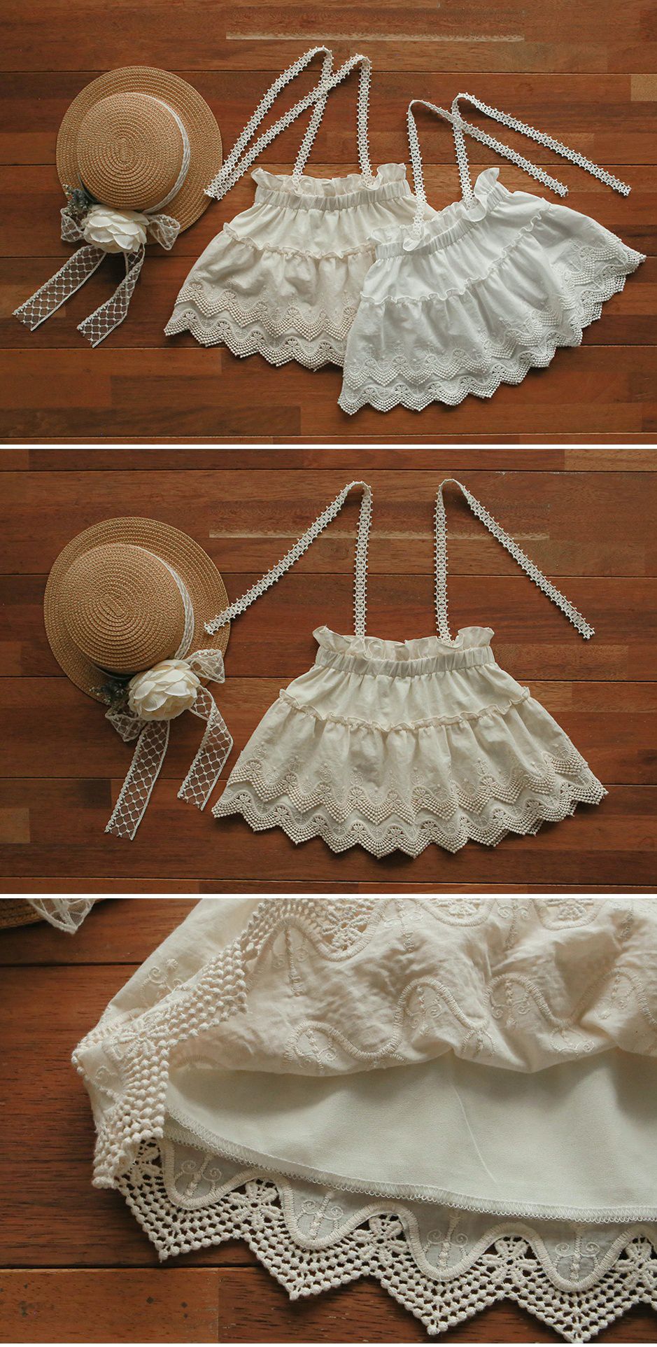 韓國 PuellaFLO - 鋸齒狀鏤空蕾絲綁帶吊帶裙-米白