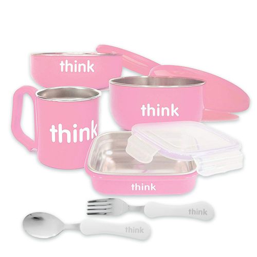 美國 thinkbaby - 不鏽鋼餐具組(六件組)-嫩粉紅