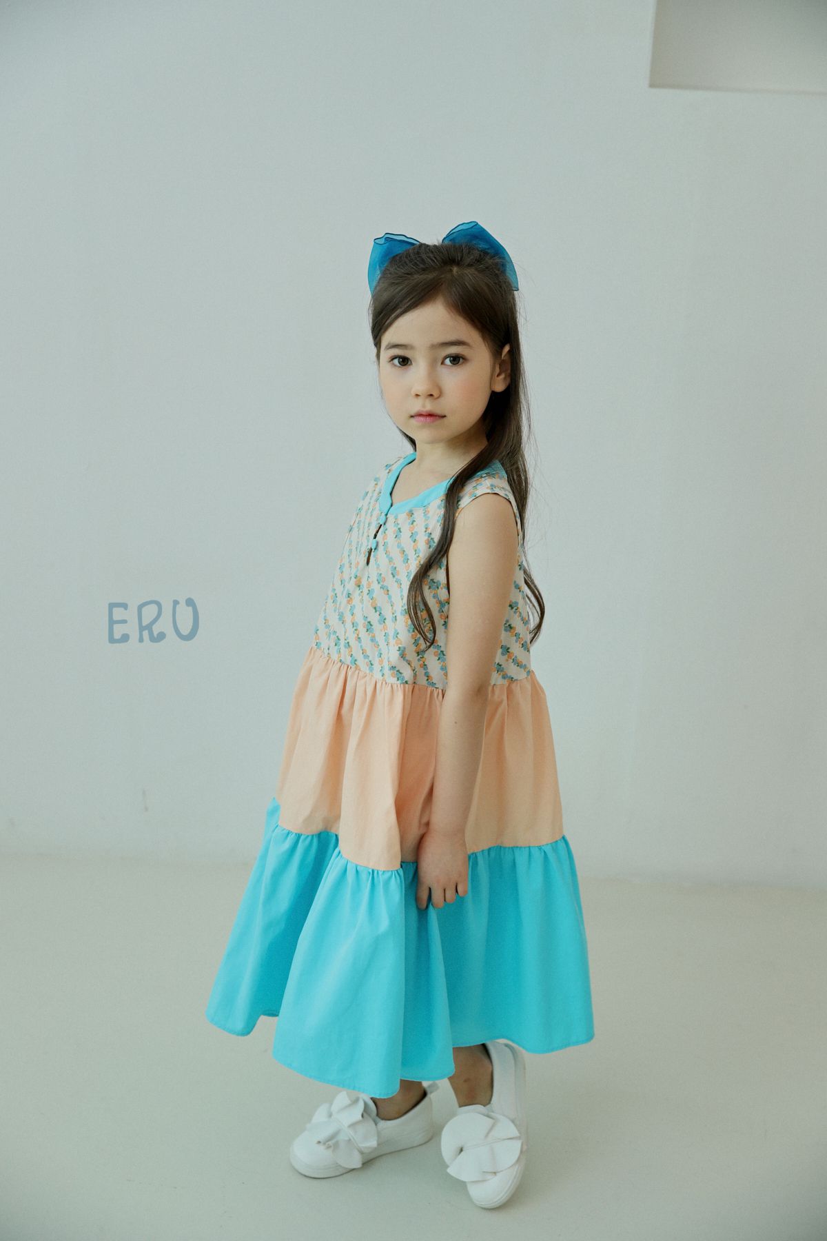 韓國 ERU - 斜紋花朵拼接色長版洋裝-橘黃