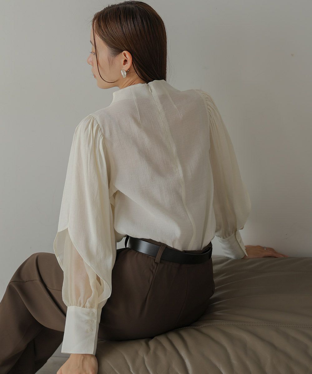 日本 Bab - 柔美紗拼接袖雪紡上衣-深可可