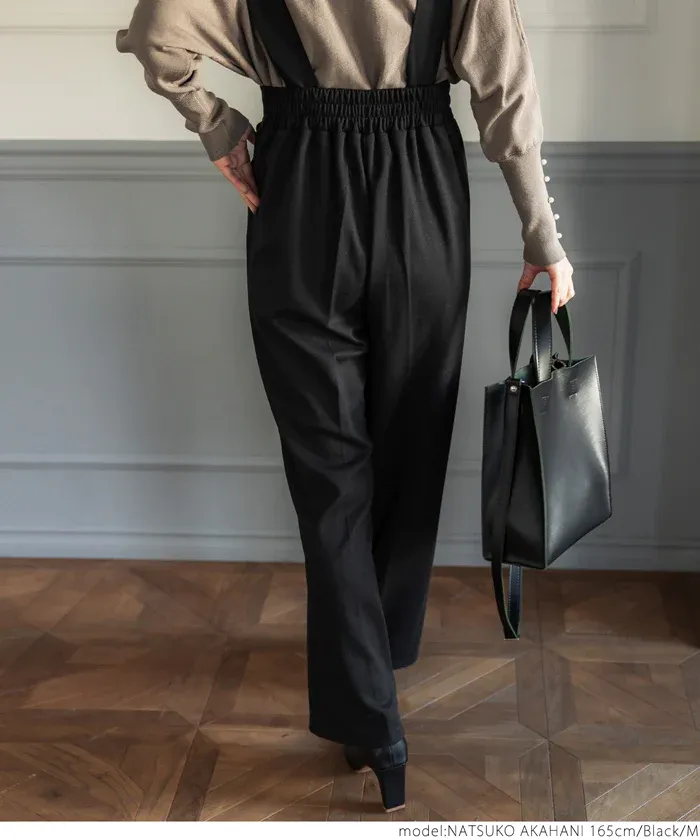 日本 COCA - 文藝復古彈性吊帶褲-大人-黑