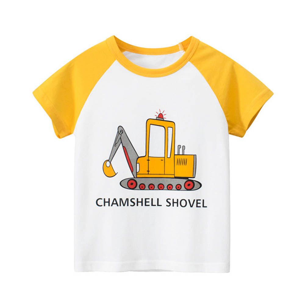 純棉短袖上衣-挖土機-米白/黃