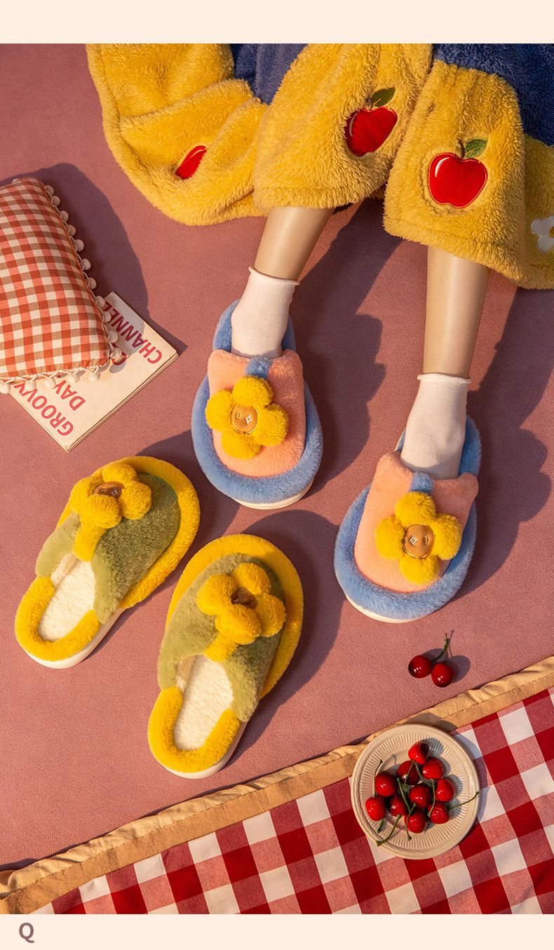 毛毛保暖室內拖鞋(厚底)-立體花朵-淺黃+橘色