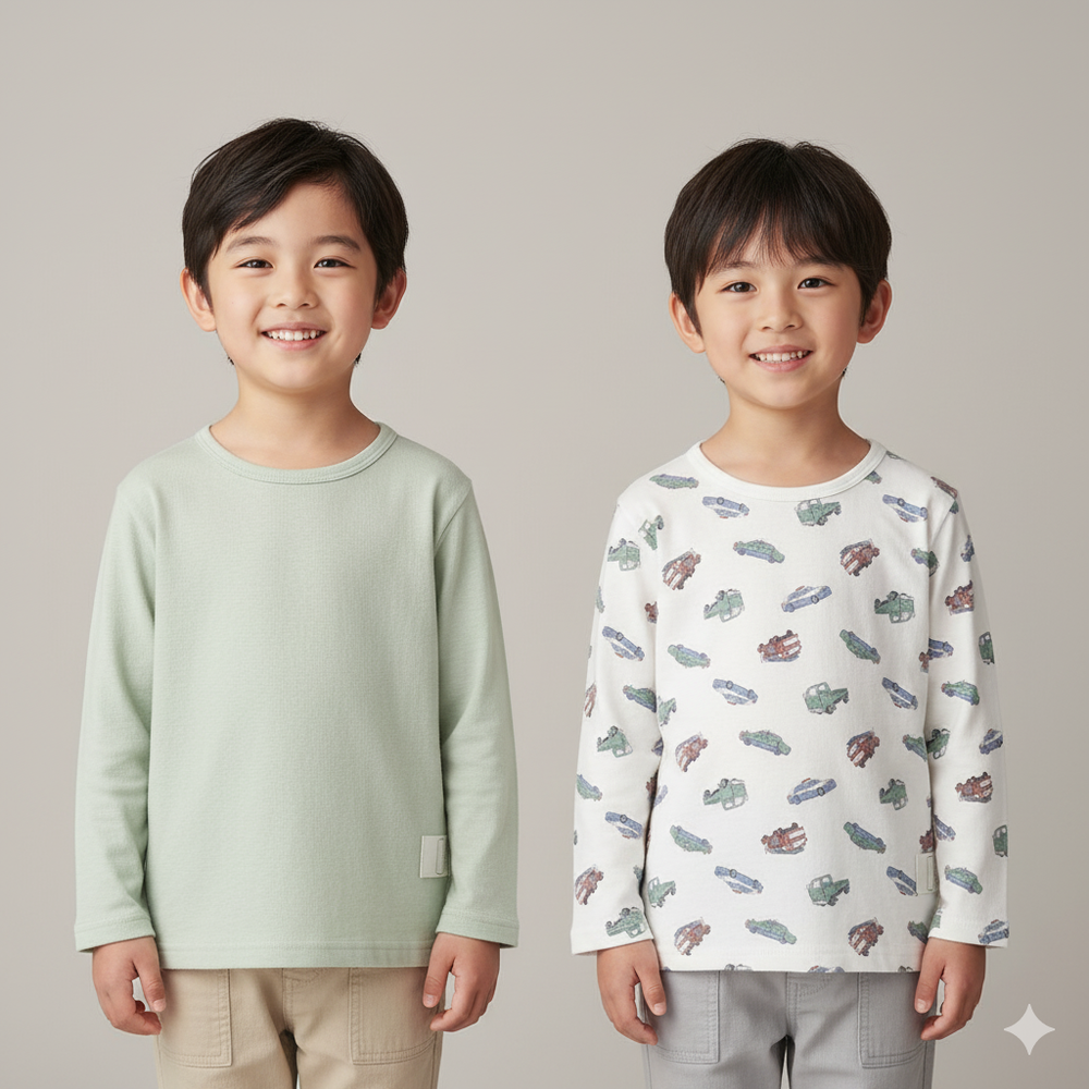 長袖圓領上衣2件組-工程車-綠色