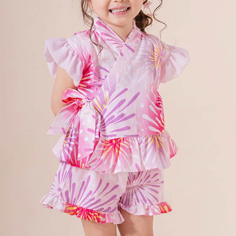 甜美澎澎荷葉純棉二件式甚平-夢彩花火-粉紅