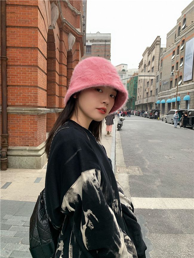 復古百搭絨毛漁夫帽-黑色 (M(56-58cm))