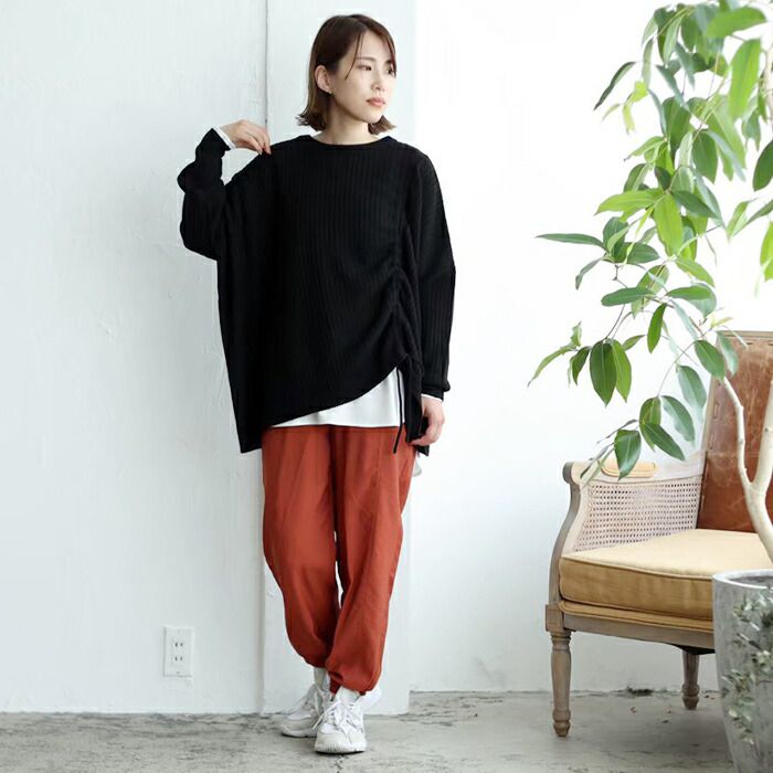 日本 ihuu - 側抽繩落肩船領針織上衣-米杏