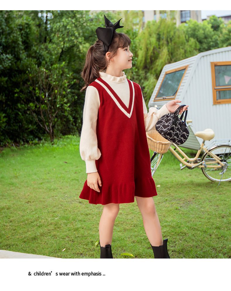 假兩件V領泡泡袖毛衣連身裙-黑色