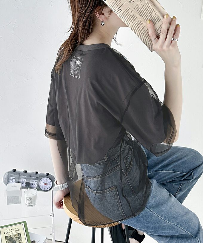 日本 Classical Elf - Java 薄紗層次酷甜五分袖上衣-炭灰x黑紗