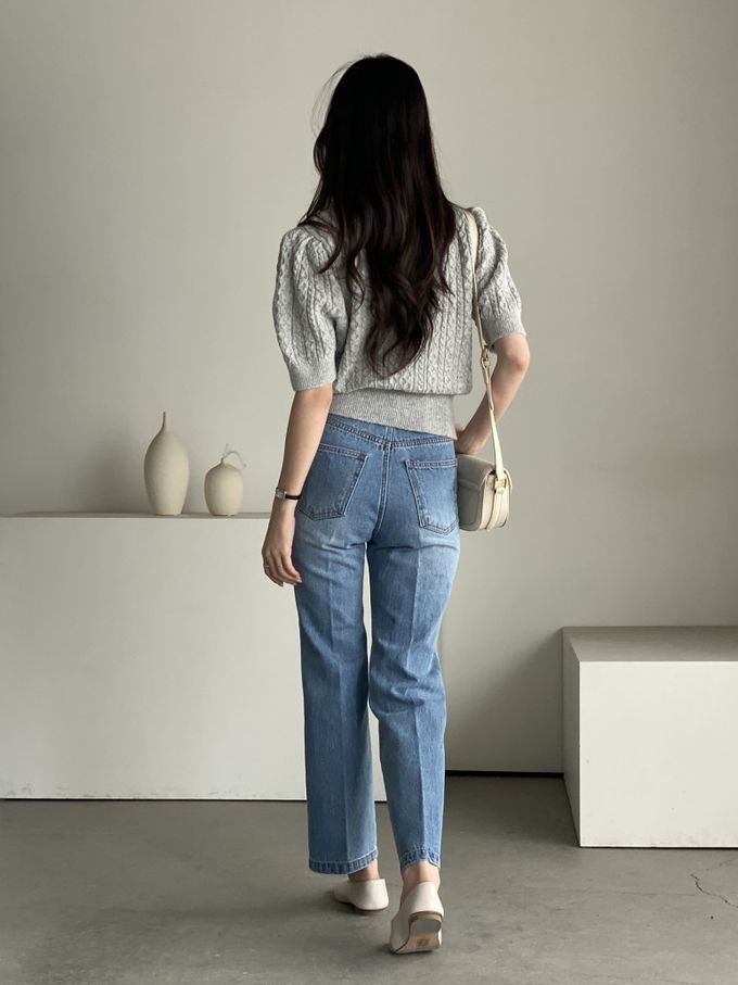 韓國女裝連線 - 麻花辮編織五分袖針織上衣-淺灰 (FREE)