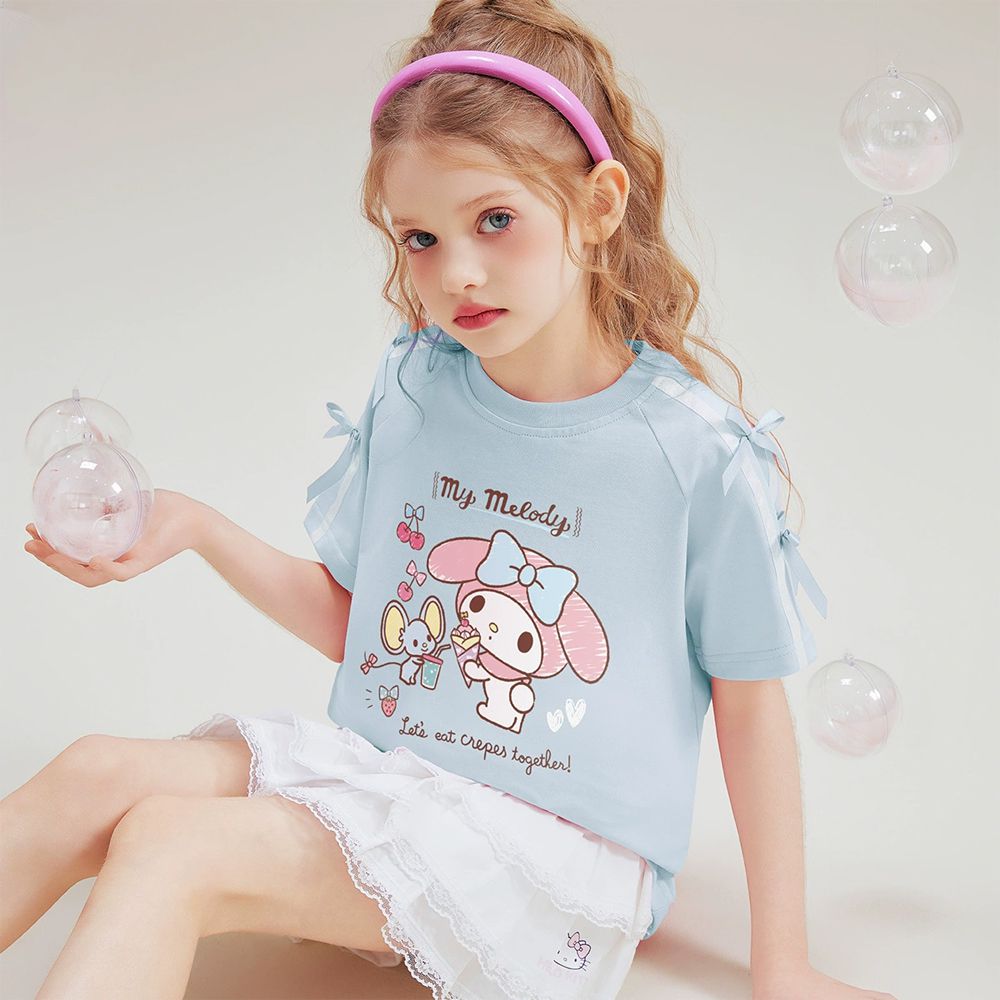 純棉蝴蝶結短袖上衣-卡通人物美樂蒂-藍色