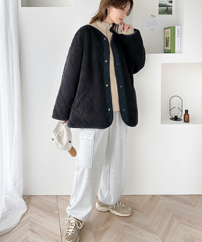 日本 Classical Elf - 寬版絎縫短絨毛呢外套-黑