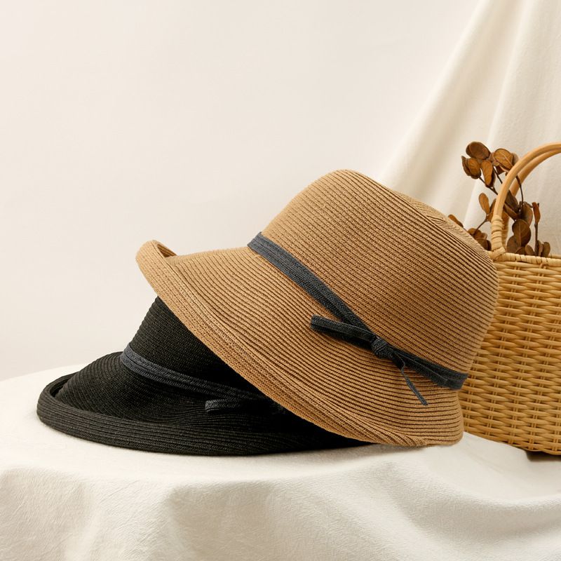 復古百搭可折疊遮陽草帽-繫帶蝴蝶結-灰色 (57cm)