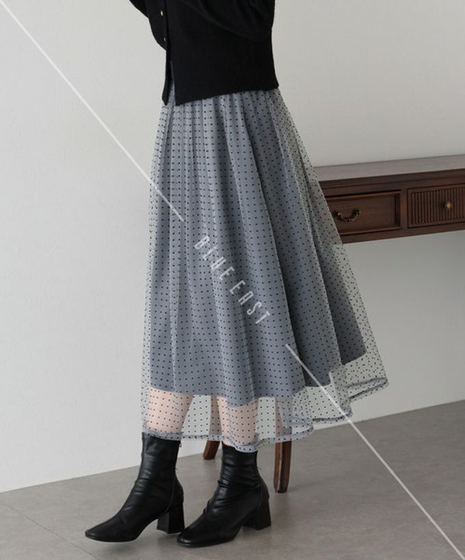 日本 BLUE EAST - 華麗雙層薄紗魅力長裙(可選長度)-水玉-黑