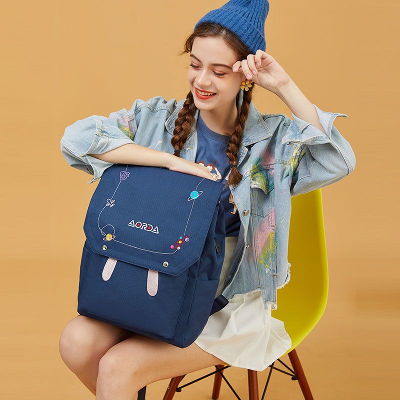 簡約少女感翻蓋書包-刺繡兔子耳朵-藍色-升級款