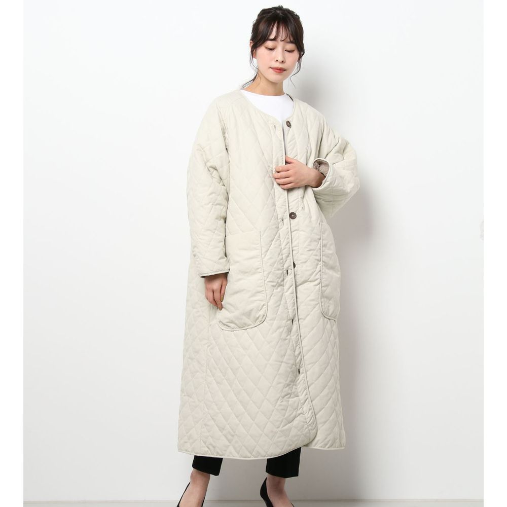 日本 Riche Glamour - 兩面穿鋪棉X毛茸茸圓領長版外套-米