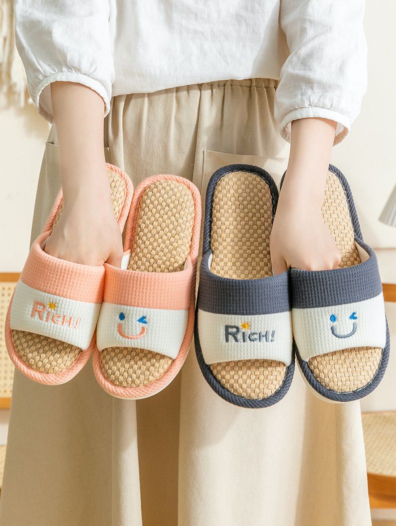 亞麻室內拖鞋-眨眼睛款-粉紅色