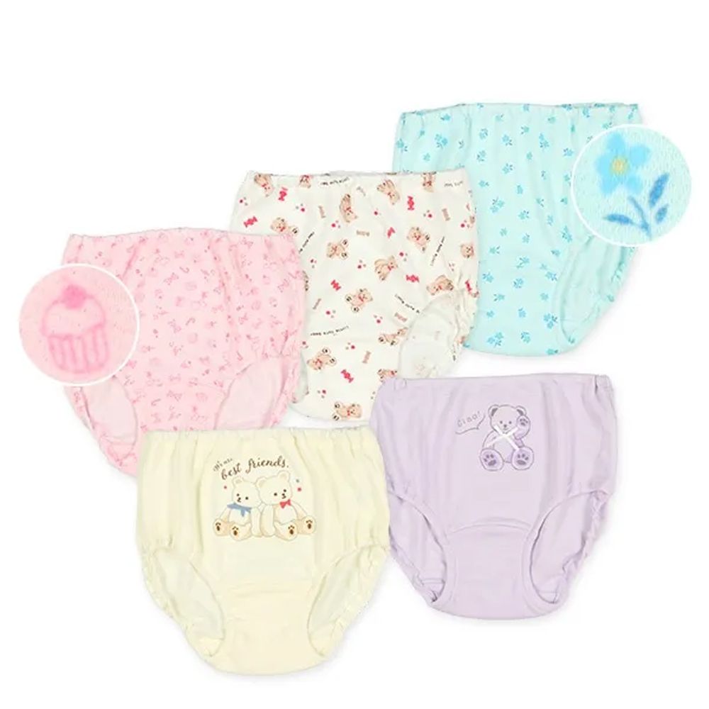 混棉女孩印花內褲(5件組)-小熊&小花-粉紫藍黃