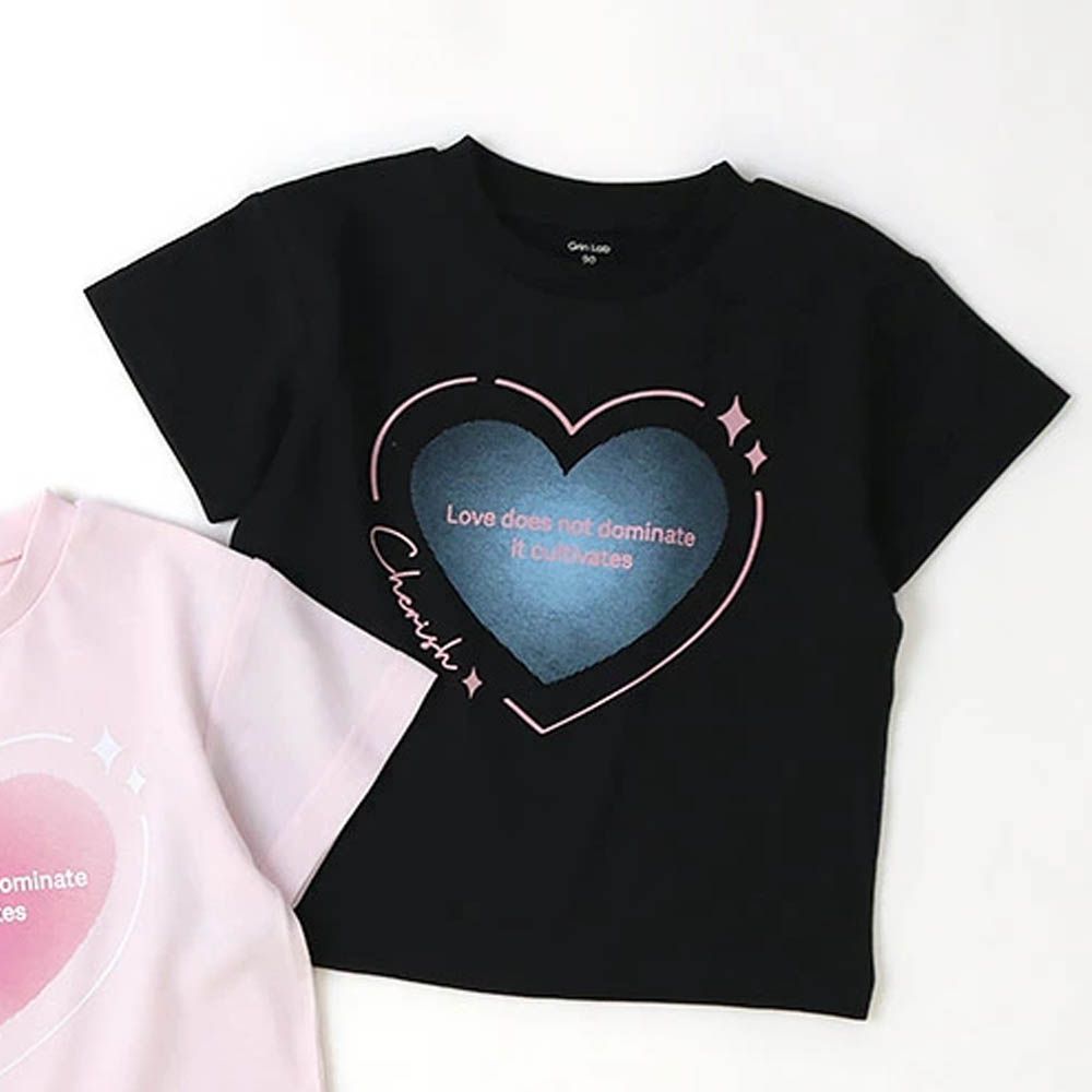 甜美女孩圓領短袖上衣-閃亮愛心-黑