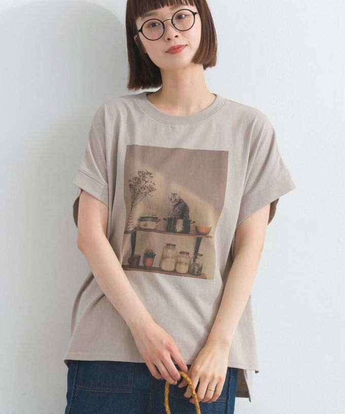 日本 Lupilien - 16支天竺棉 療癒印花法式袖上衣-貓咪的房間-淺棕