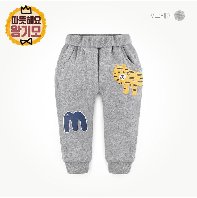 韓國 milk mile - (內刷毛)鬆緊腰休閒縮口長褲-老虎-淺灰