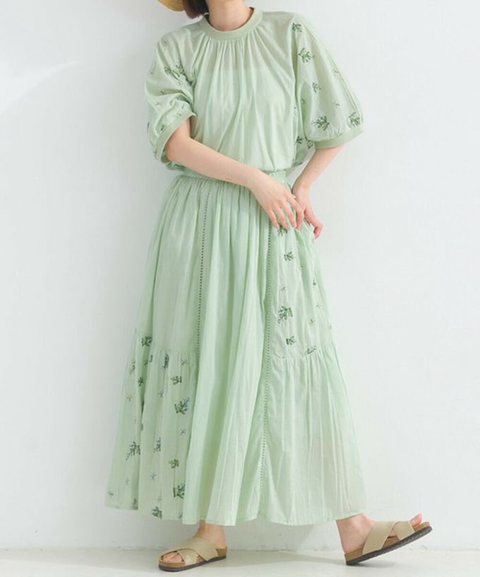 日本 Lupilien - 100%印度棉 優美植物刺繡長裙-薄荷