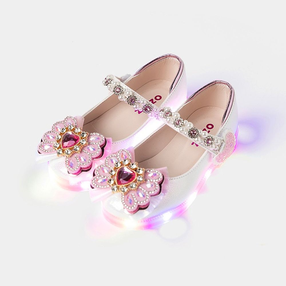 (LED)璀璨鑽石珍珠點綴漆皮公主鞋-白