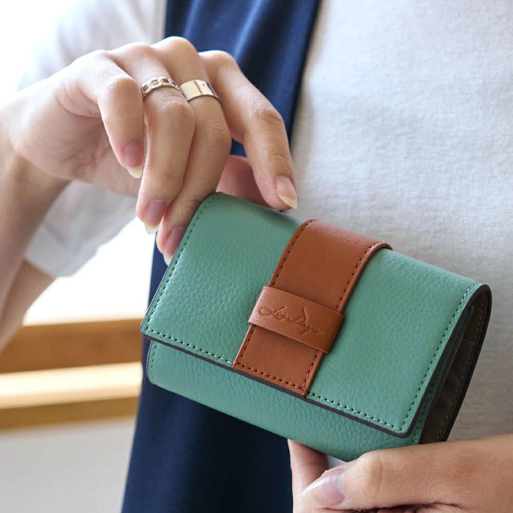 真皮迷你三折配色風琴短夾-湖水綠x橘棕