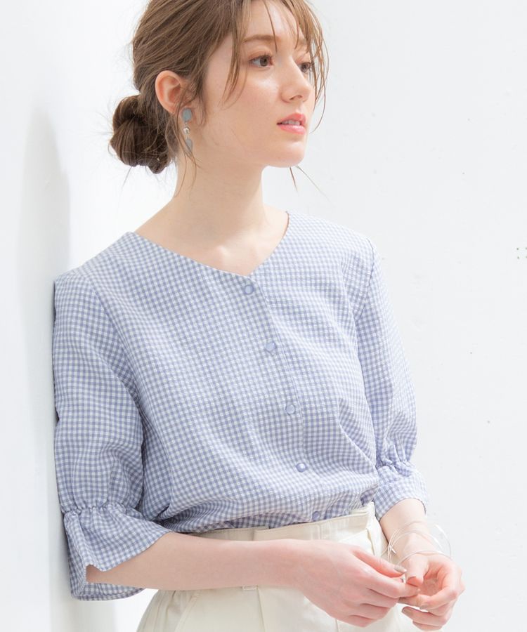 日本 Honeys - V領糖果袖七分袖襯衫上衣-格紋-黑
