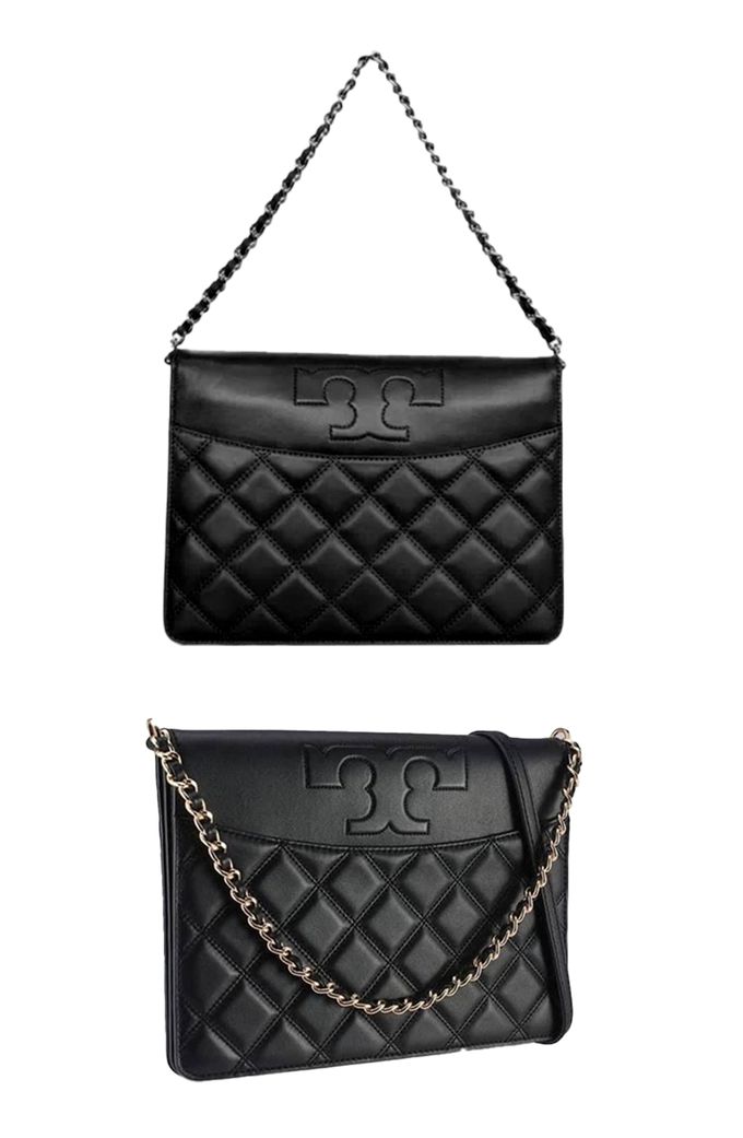 TORY BURCH - 格菱紋皮革翻蓋斜背包 (黑)