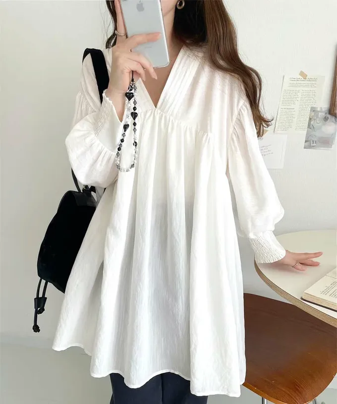 日本 Classical Elf - 前後2way飄逸感澎澎七分袖襯衫-白