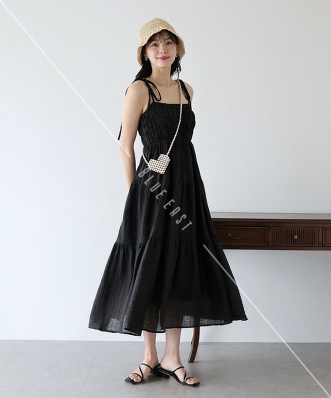 日本 BLUE EAST - 清爽透膚感皺摺綁帶分層洋裝-灰