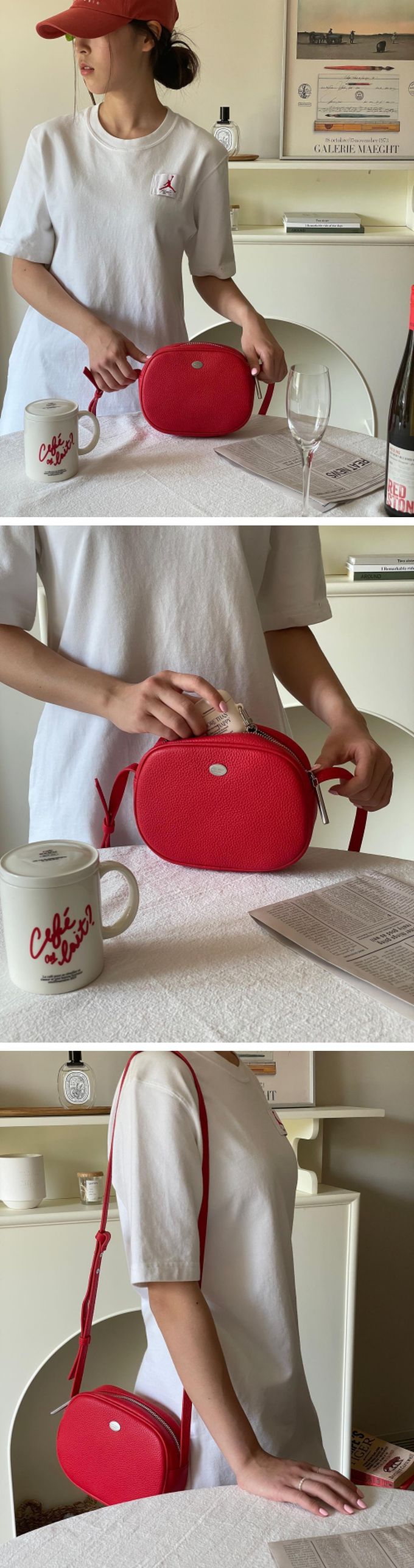 韓國 THEALLY - 簡約橢圓牛皮斜背包-焦糖咖