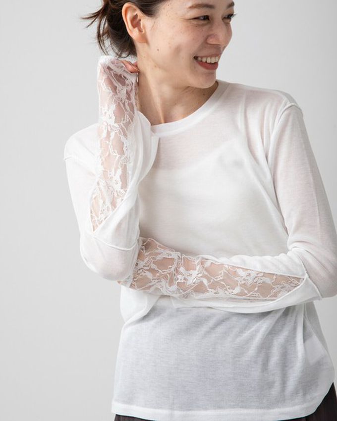 日本 gleam - 薄透合身蕾絲拼接長袖上衣-白