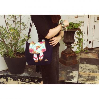 mis zapatos - 2way手提肩揹美腿包(棉布)-和服-BL藍色 (25*22*15cm)